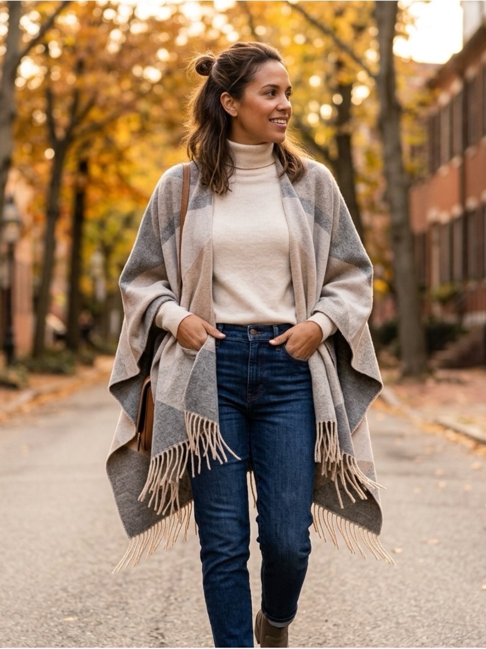 NWT Charlie Paige Neutral Fringe Open Poncho in Cream and Gray